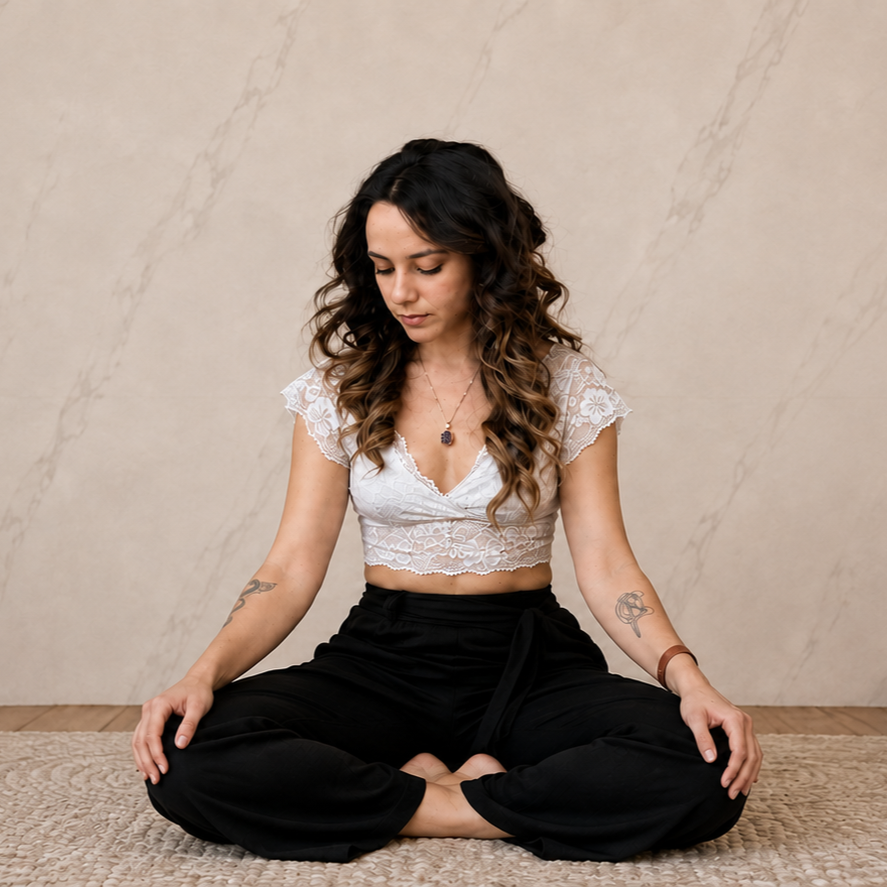 Bruna Taisa sentada em posição de meditação